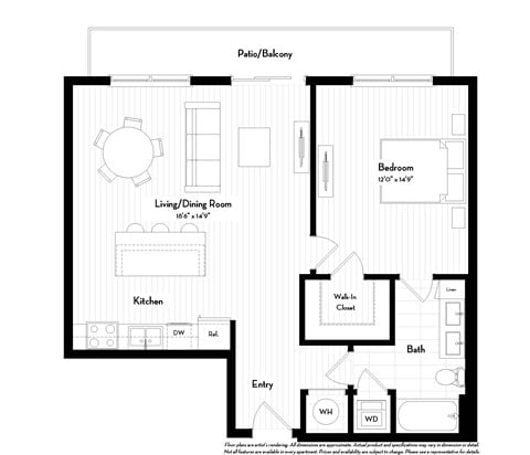 Floor plan for 1 bed, 1 bath, 797 sqft